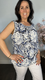 Ballon top denim gebloemd, blauw/wit