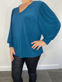 Shirt met v-hals en pofmouw travel petrol