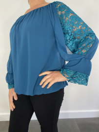 Ballon blouse met kant petrol