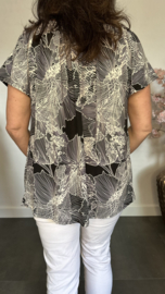 Shirt met koord travel Graphic flowers zwart/wit