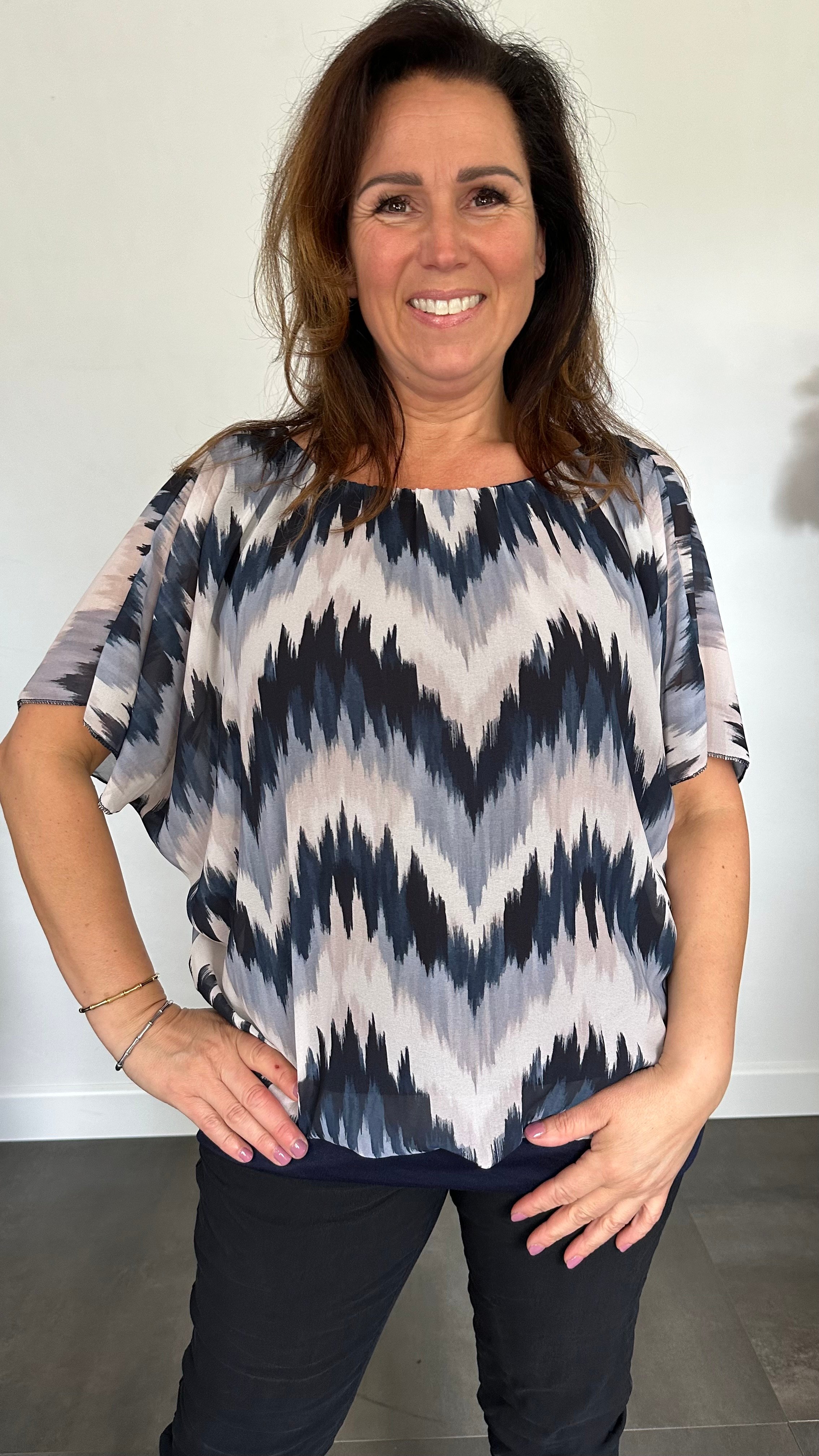 Blouse met boord zigzag marine
