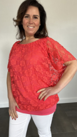 Blouse met boord KANT koraal