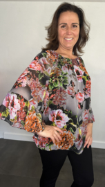 Blouse met gesmokte band roos zwart/grijs