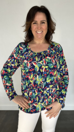 Ballon shirt travel met elastiek flower leaves blauw