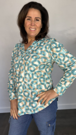 Soft shirt met v-hals en pofmouw cirkels turquoise