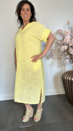 Linnenlook jurk met gehaakt kant Geel