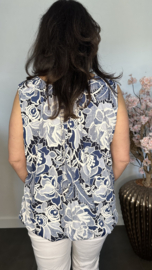 Ballon top denim gebloemd, blauw/wit