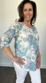 Kanten blouse gebloemd 2-delig turquoise