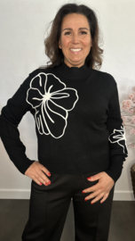 Fijn gebreide trui Bloem Zwart