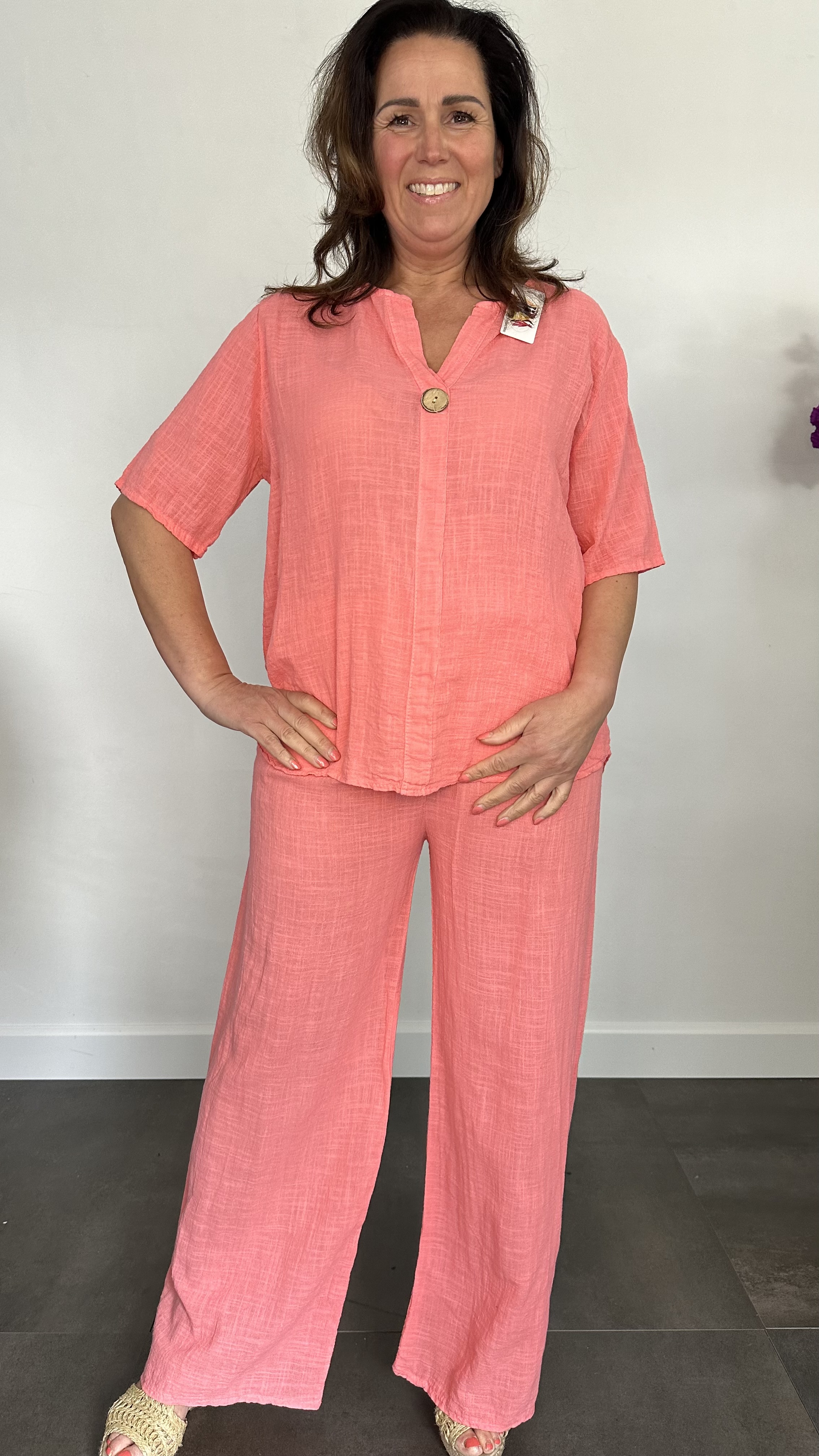 2-Delig linnenlook pak koraal