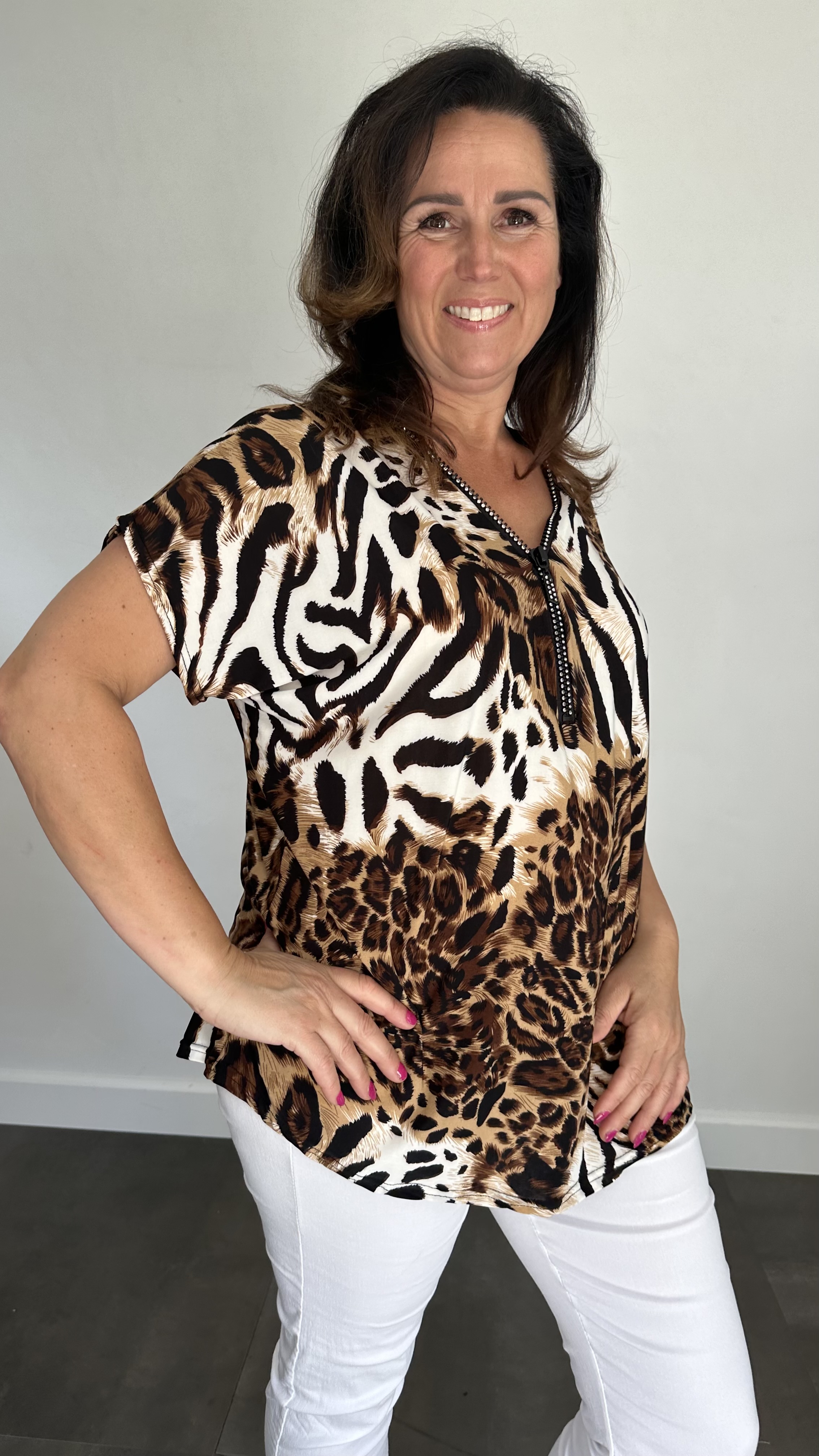 Shirt Zipp panter tijger bruin