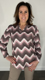 Velvet shirt met v-hals en pofmouw zig zag taupe