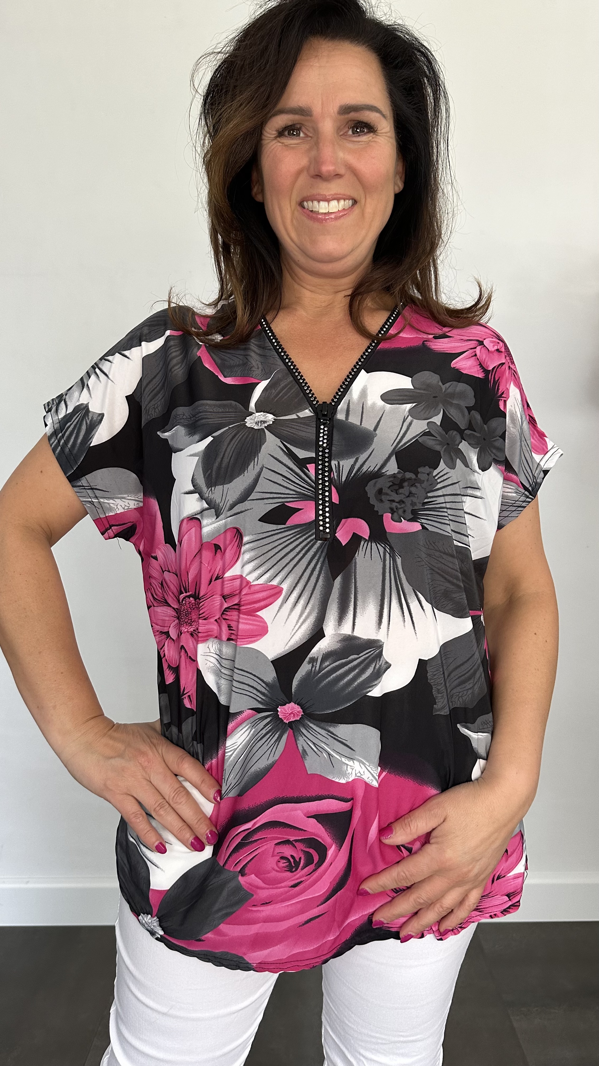 Shirt Zipp gebloemd fuchia