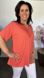 Ribbel shirt met kanten V-hals Koraal