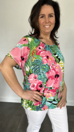 Ballon shirt met elastiek jungle flower pink (+size)