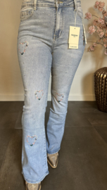RED Berry jeans flared met zilver glitter en geborduurde hartjes
