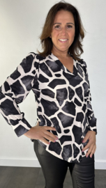 Velvet shirt met v-hals en pofmouw giraffe zwart