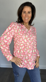 Soft shirt met v-hals en pofmouw cirkels pink