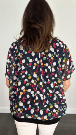 Blouse met boord small leaves marine/ fuchsia