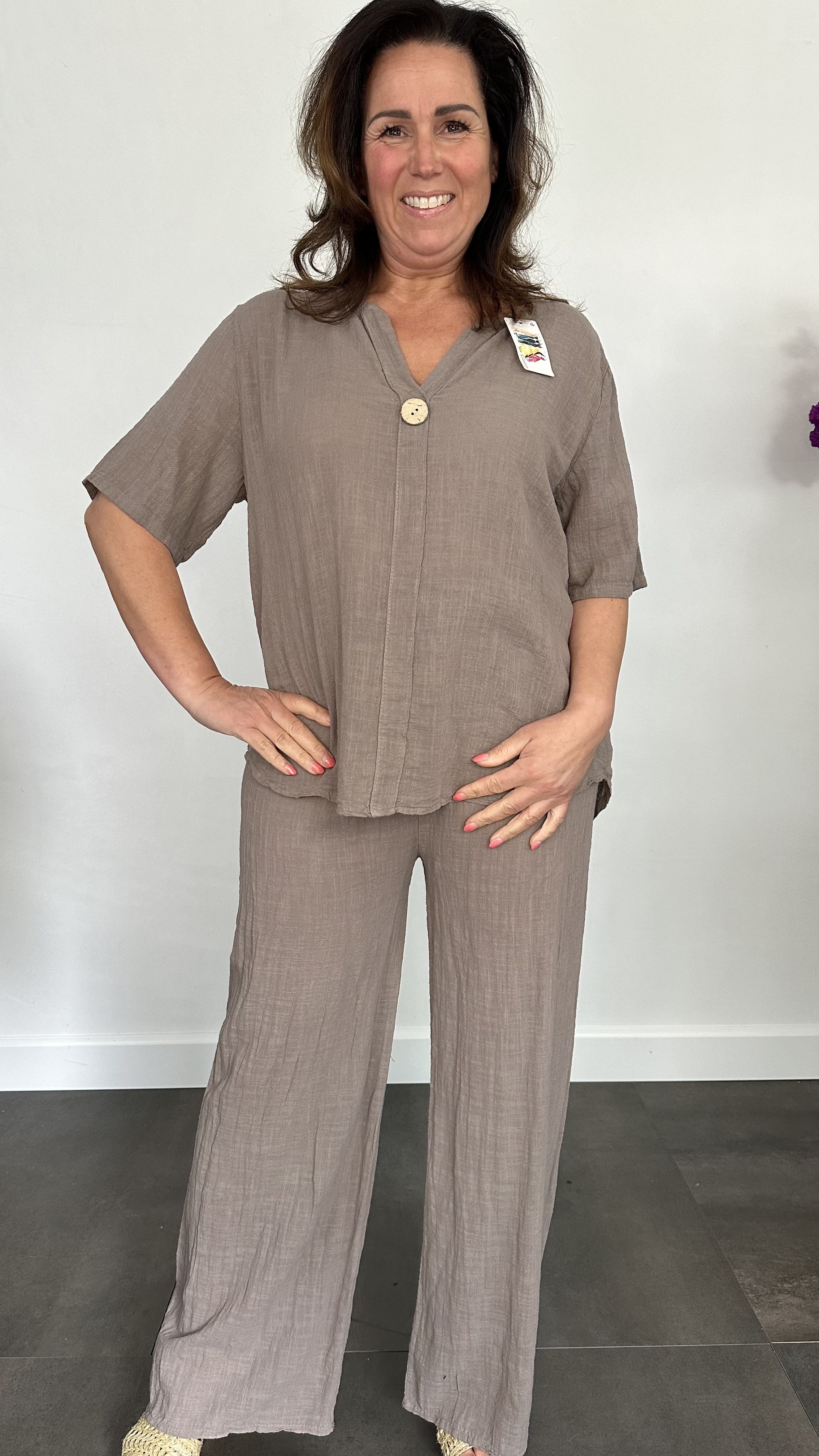 2-Delig linnenlook pak taupe