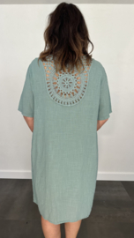 Tuniek /jurk linnenlook met gehaakt detail Zeegroen SALE
