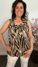 Ballon top met V-hals Tijger zwart/camel/roze