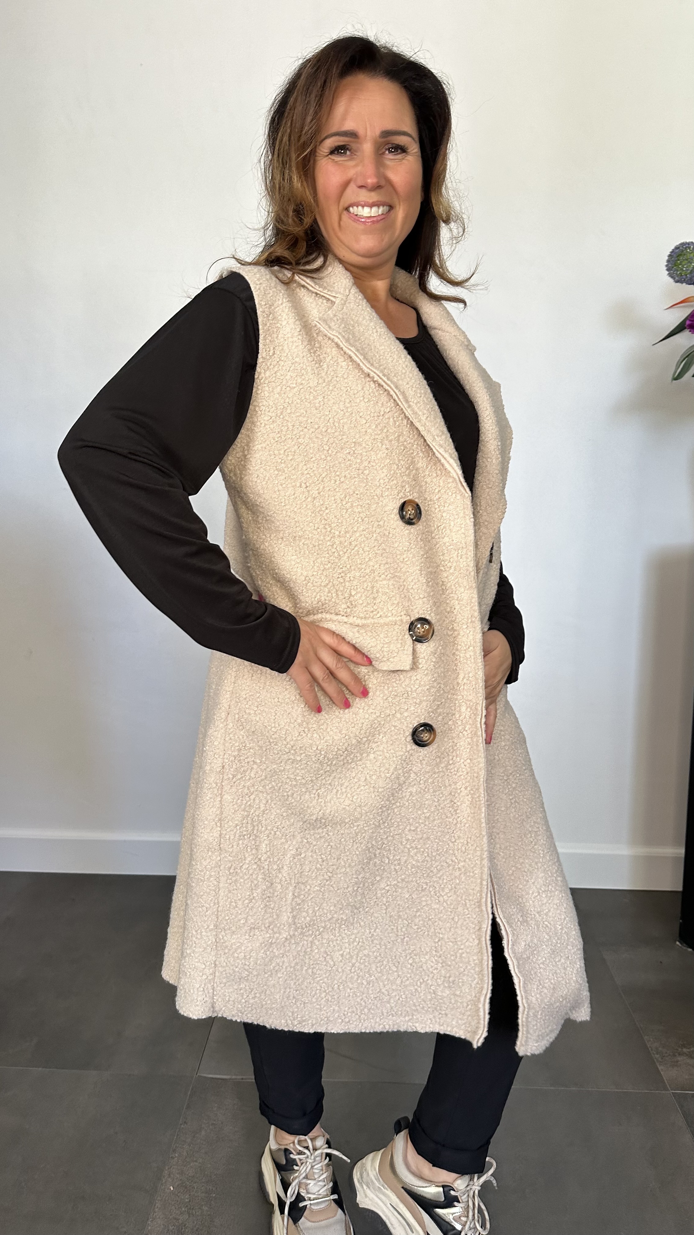 Lange teddy bodywarmer beige