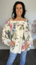 Blouse gebloemd met trompet mouw Zand