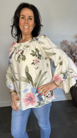 Blouse gebloemd met trompet mouw Zand