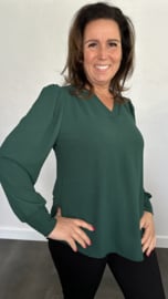 Crepe blouse met v-hals en pofmouw donker groen