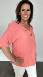 Linnenlook blouse met knoop koraal
