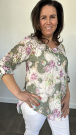 Kanten blouse gebloemd 2-delig army