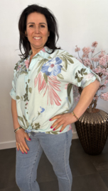 Blouse gebloemd met knoop Turquoise