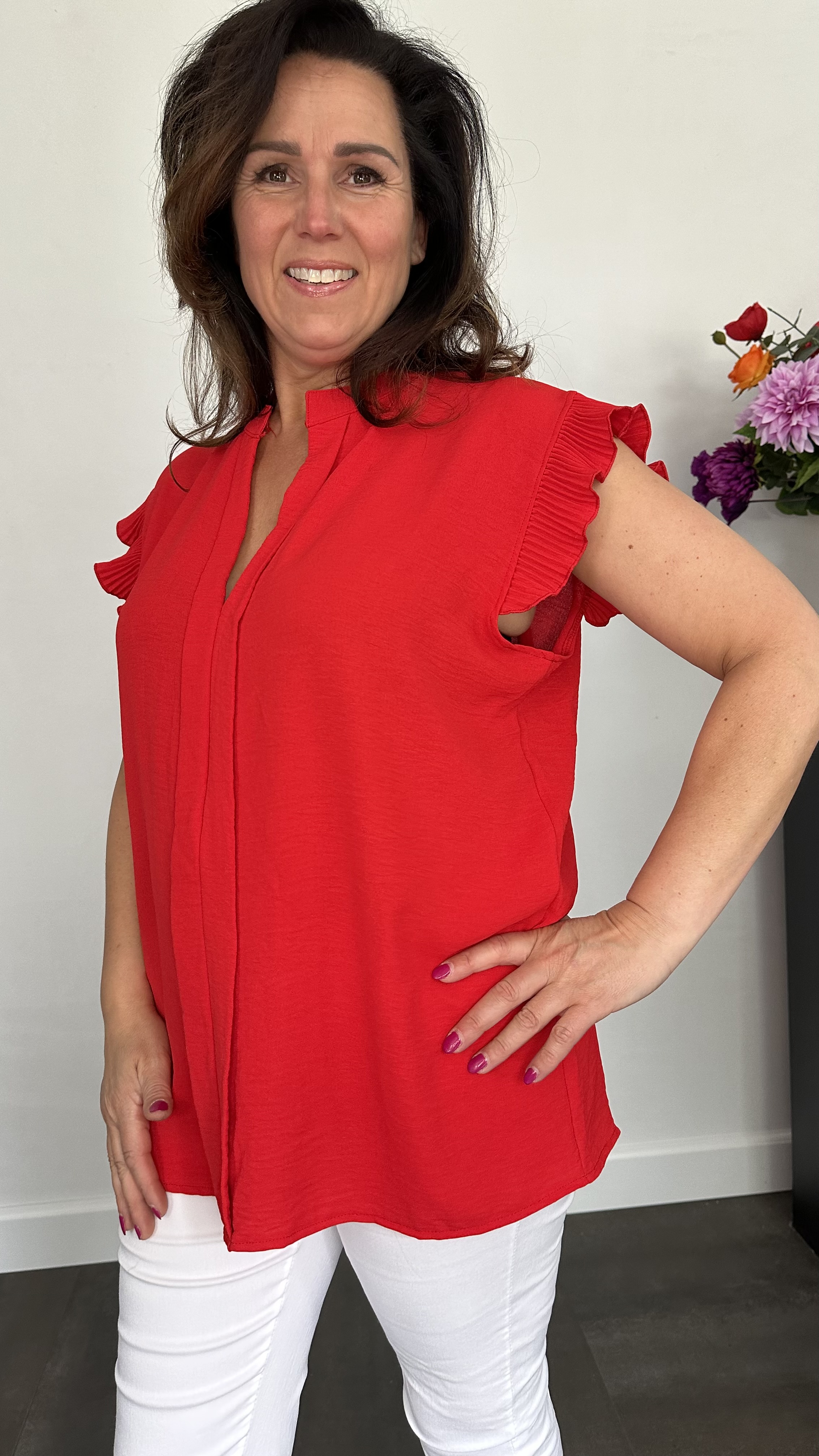 Top Elena met plisse ruche rood
