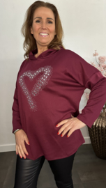 Sweater met capuchon/ glitter hart Bordeaux