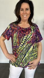 Ballon shirt met elastiek coloured drops fuchsia/groen (+size)