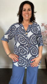 Linnenlook blouse cirkels jeans blauw