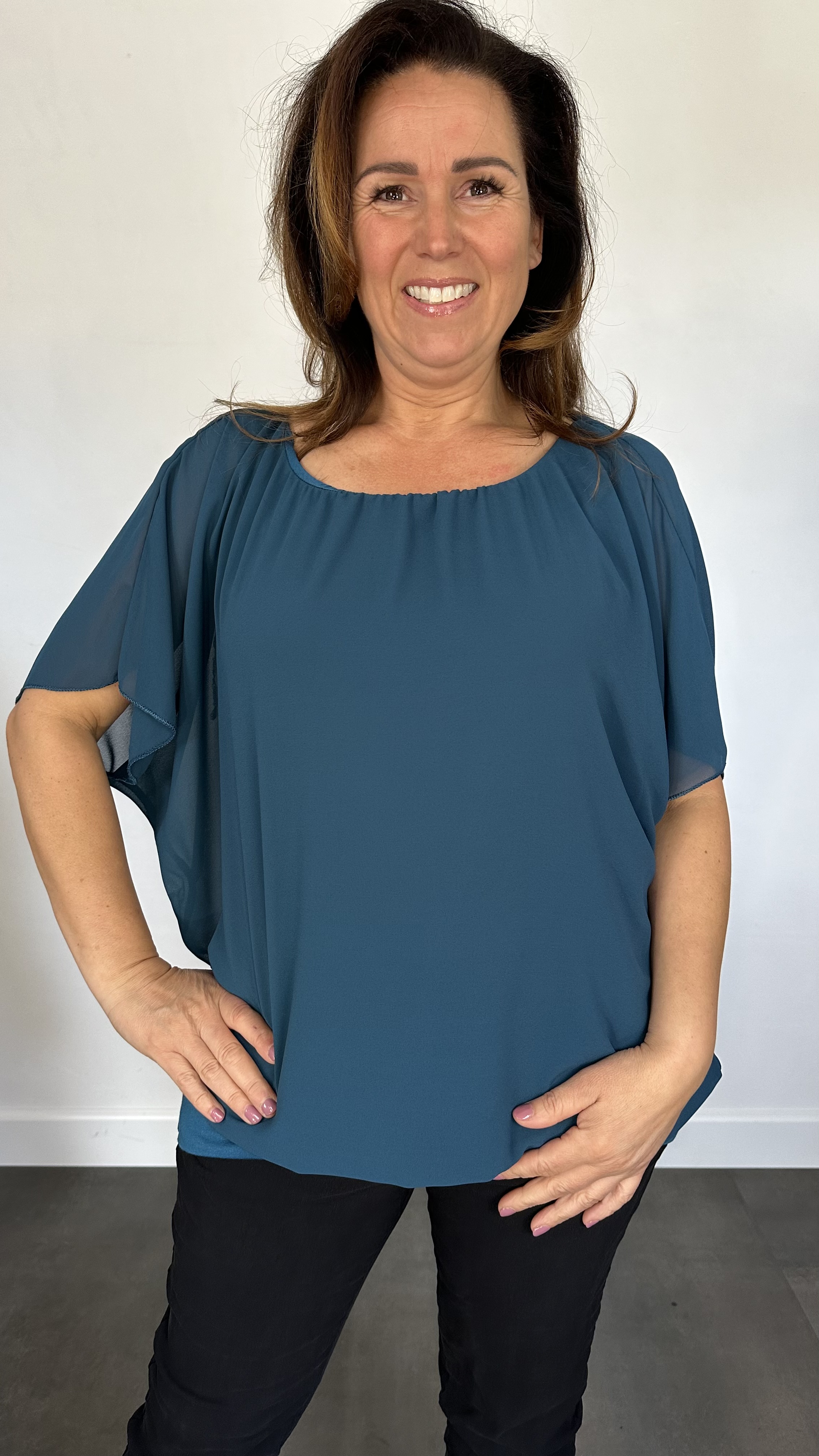 Blouse met boord korte mouw petrol