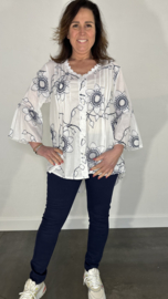 Blouse met flared mouw bloem marine/zilver SALE