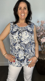 Ballon top denim gebloemd, blauw/wit