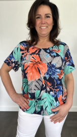 Ballon shirt met elastiek coloured leves marine (+size)