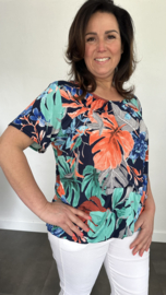 Ballon shirt met elastiek coloured leves marine (+size)