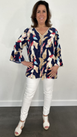 Shirt met flared mouw soft marble marine/zand