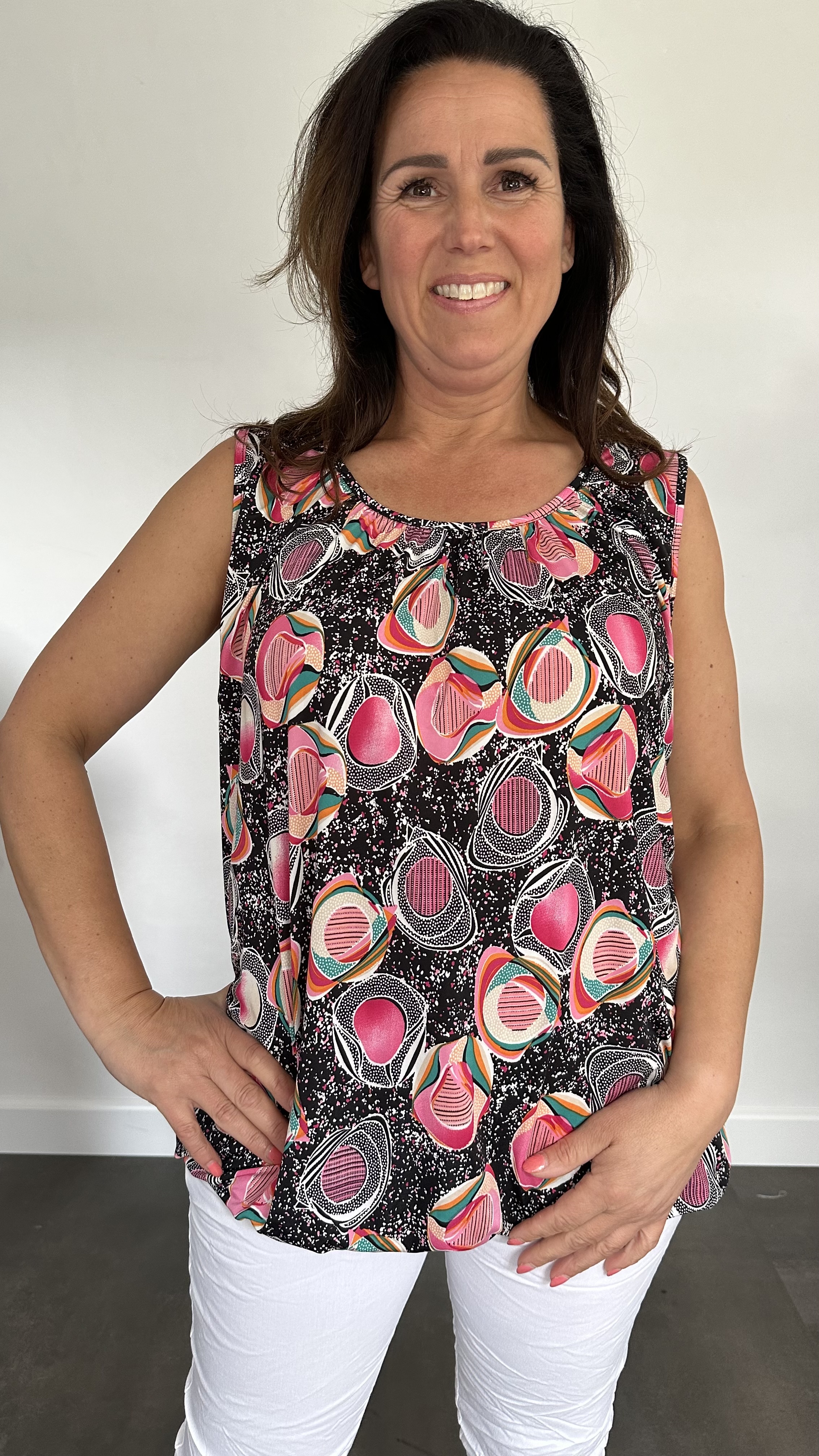 Ballon top fantasy dots zwart/pink