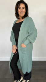 Lang grof gebreid vest met pofmouw zeegroen