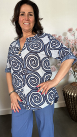 Linnenlook blouse cirkels jeans blauw