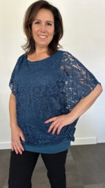 Blouse met boord KANT petrol +Size extra