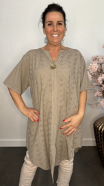 Broderie tuniek met knoop Taupe