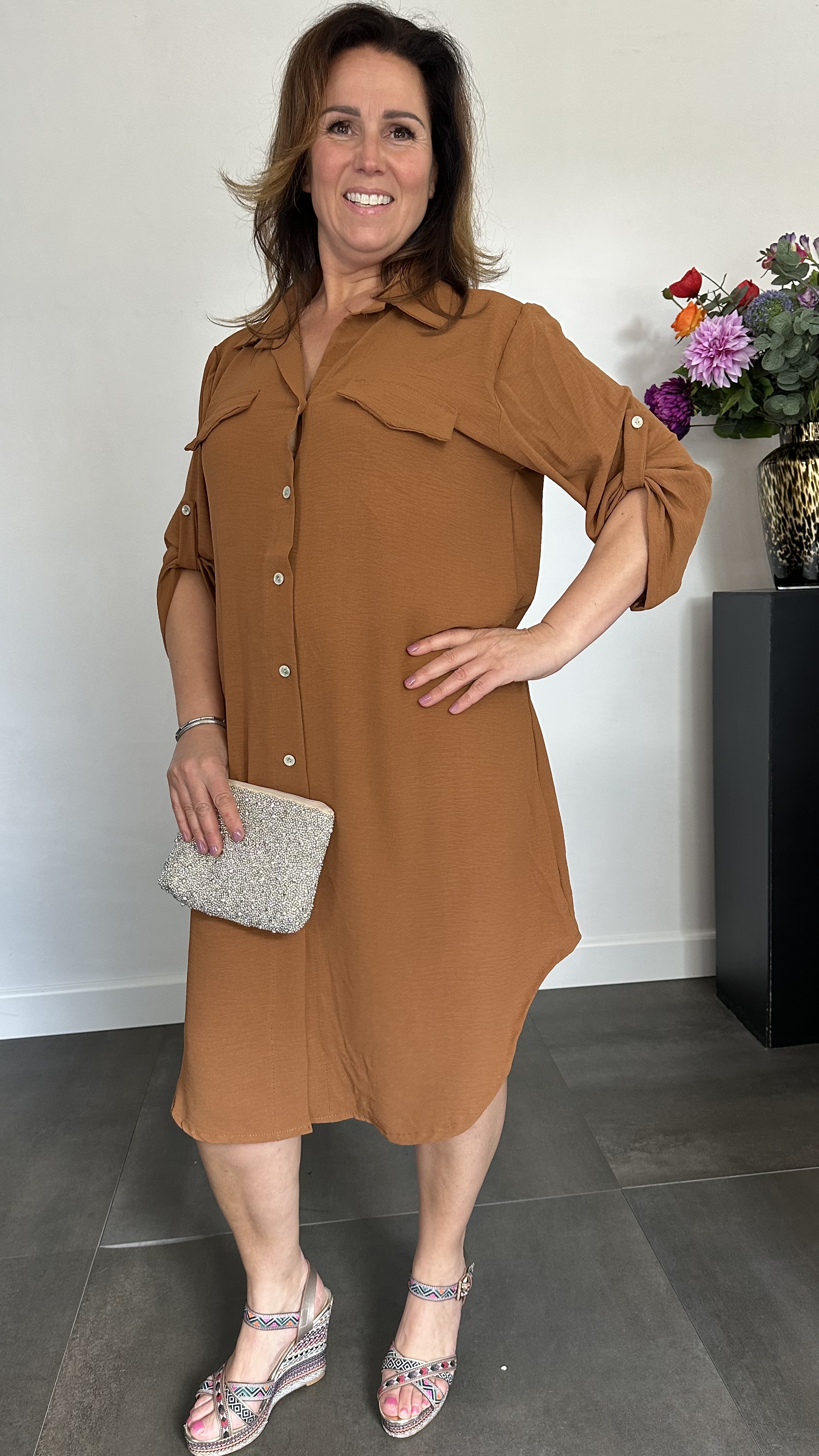 Blouse/ jurk crepe cognac