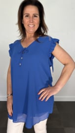 Voile blouse met ruche en kant kobalt +SIZE